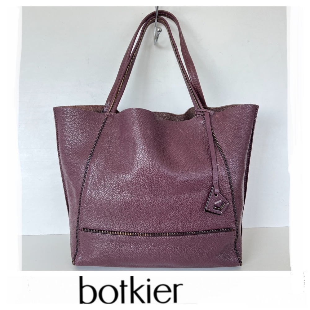 BOTKIER Soho Plum Burgundy Pebbled Leather Zipper Detail Large Shoulder Bag Tote